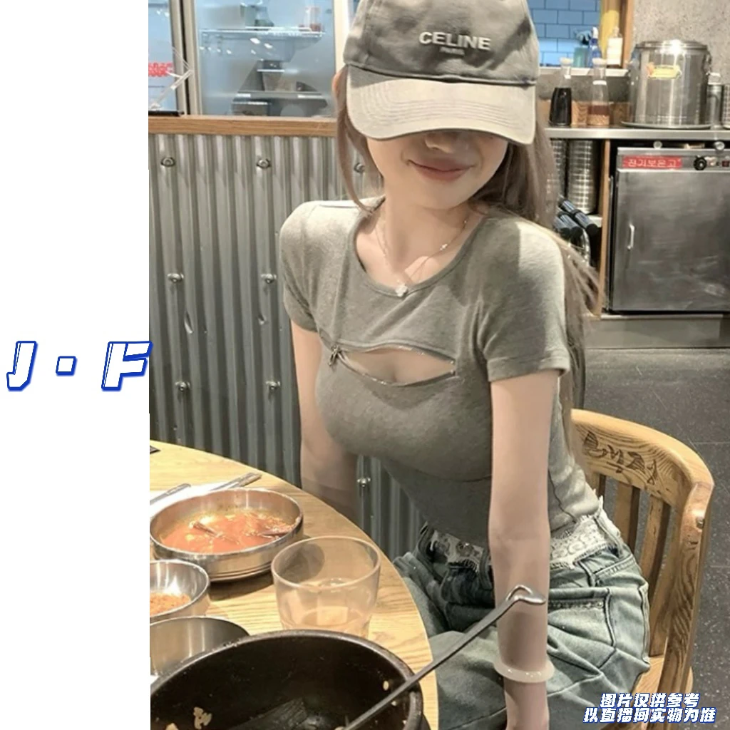 JF定制大码女装30228纯欲辣妹ins风拉链正肩修身短袖打底衫带垫肩