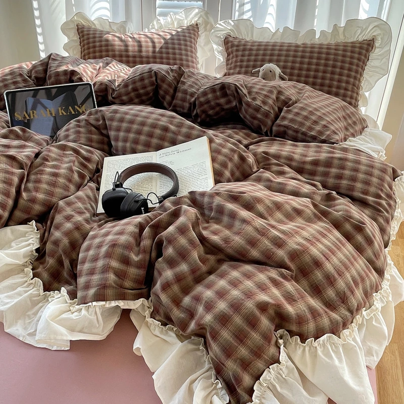 新品韩式复古风全棉水洗棉双层纱四件套少女心荷叶花边被套床品
