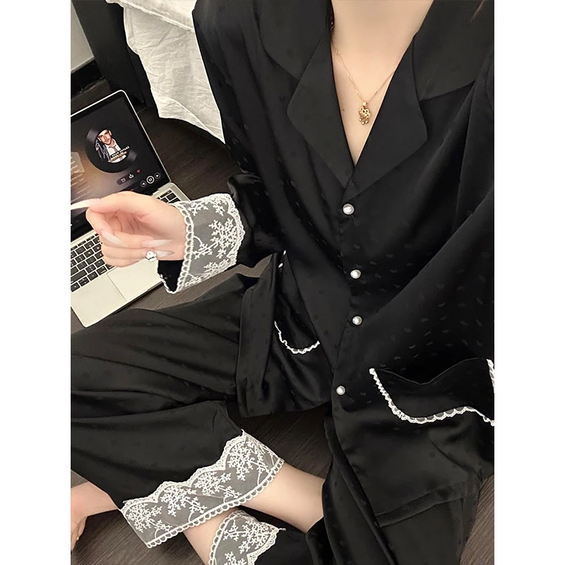 轻奢风爱心提花蕾丝边冰丝睡衣女款春秋季新款长袖长裤家居服套装