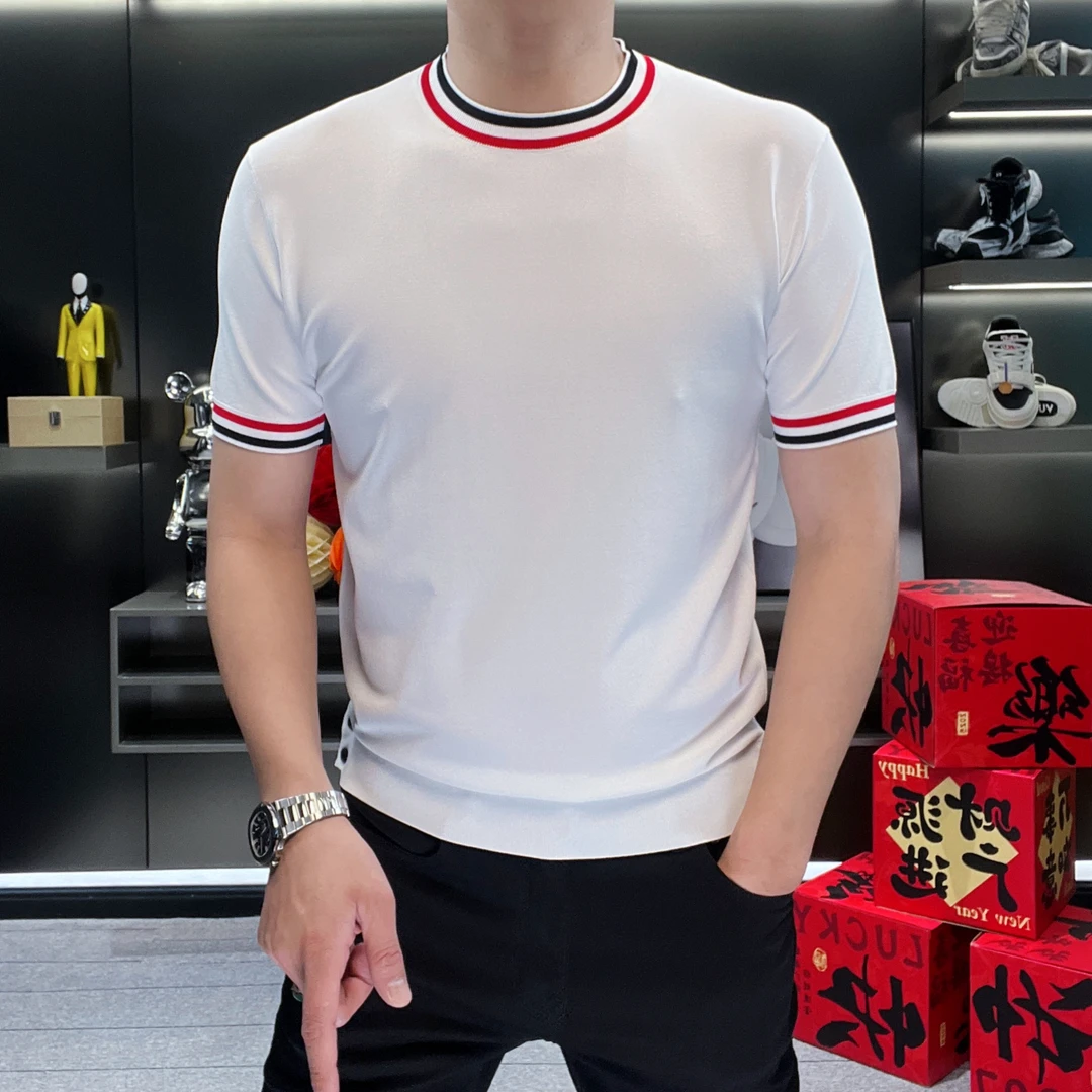 【冰感伊力特】092男士经典拼色点缀针织短袖春夏时尚纯色百搭欧货T