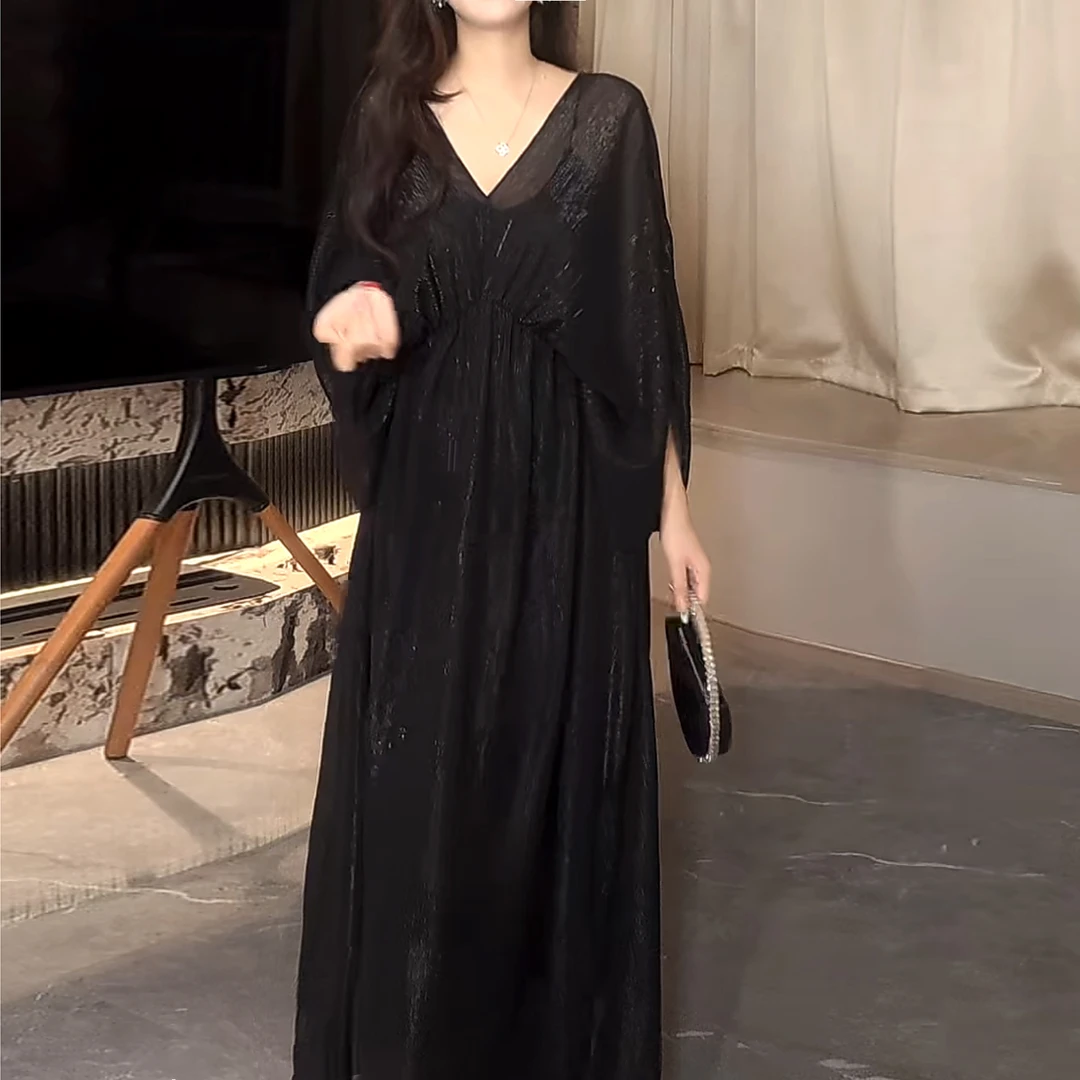 【ESME】轻奢重工光泽女神蝙蝠袖夏季黑色收腰遮肉连衣裙