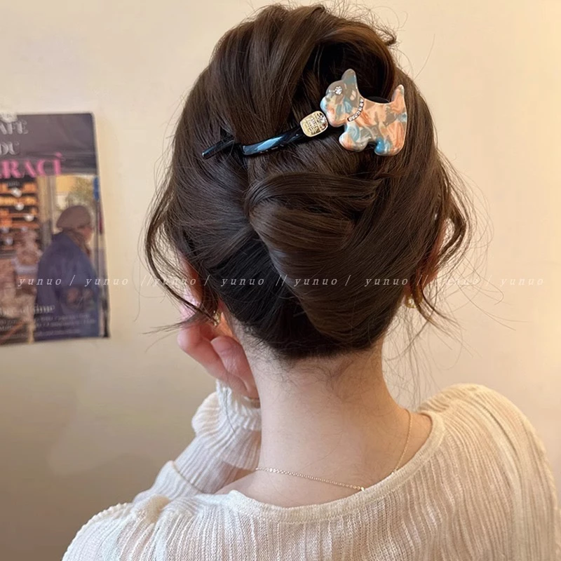 气质醋酸小狗一字扭扭夹女2025新款高级感发夹后脑勺盘发抓夹头饰