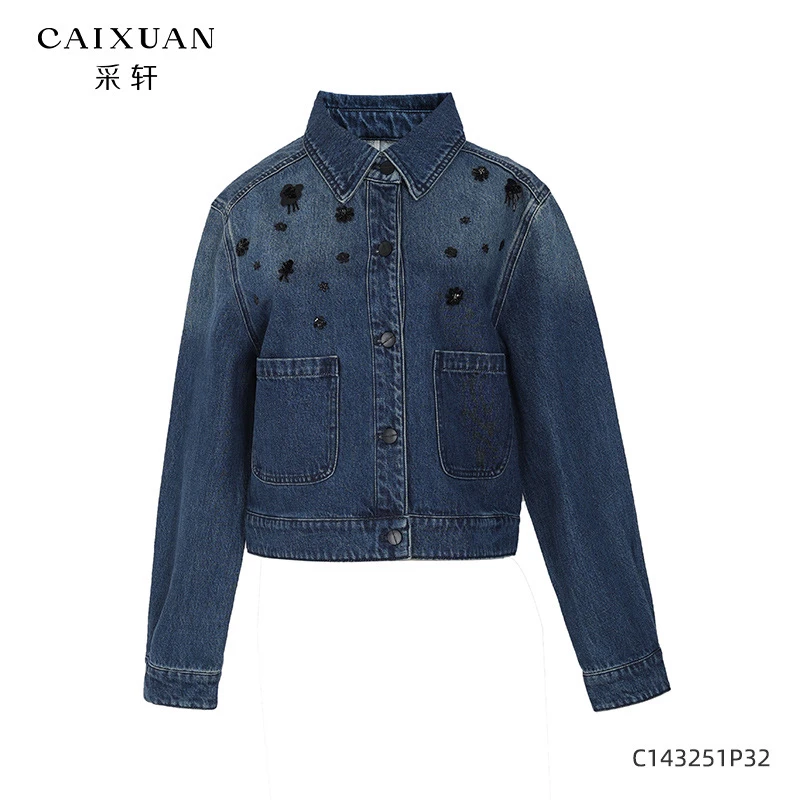 C143251P32CAIXUAN采轩时尚钉珠翻领牛仔夹克