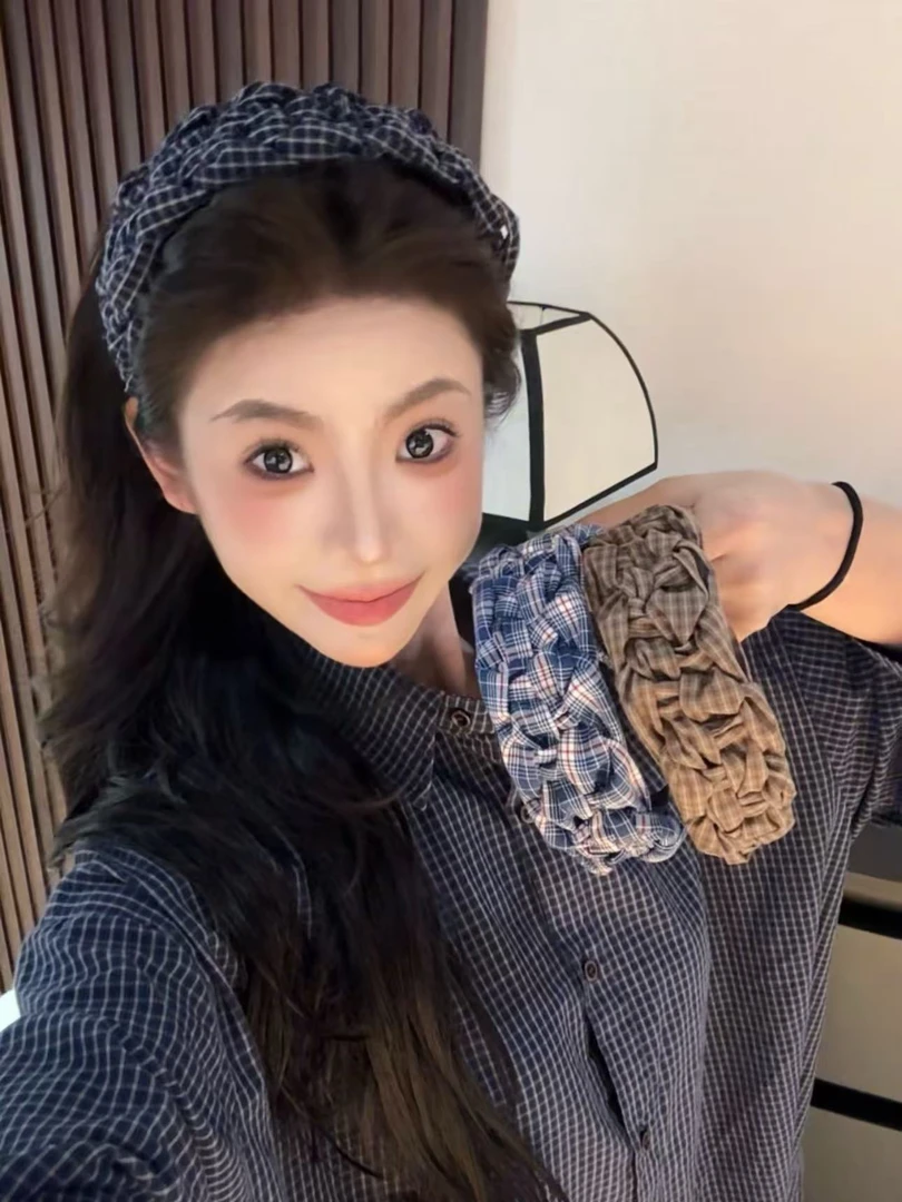 超宽手工编织格纹宽边发箍温柔学院风重工头箍发饰早秋新款