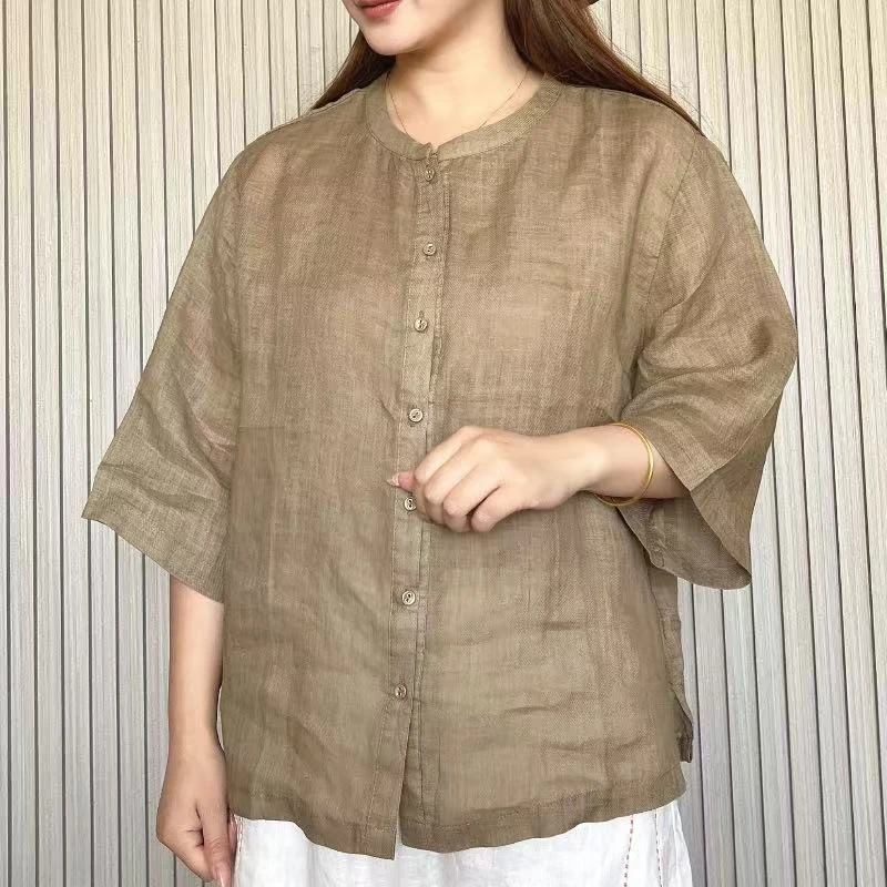 【100苎麻】夏季新款显瘦女士衬衫中式休闲衬衣气质百搭V领HG-7100