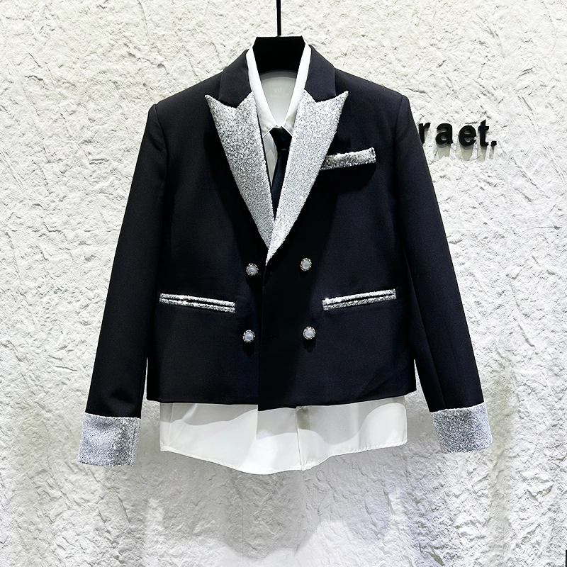 DeweLvum新品时尚个性拼接亮片双排扣西装男潮牌短款西服外套男装