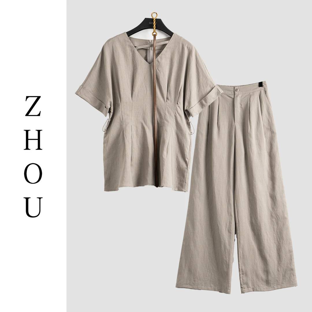 卡其V领气质简约套装-20967