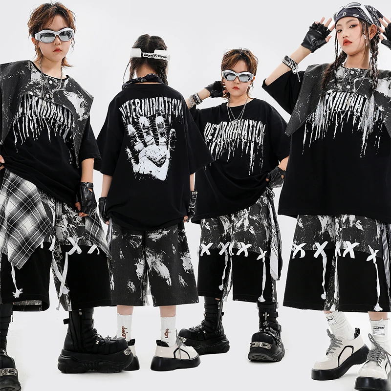 儿童嘻哈街舞潮服男女孩个性印花T恤hiphop舞蹈酷帅架子鼓演出服