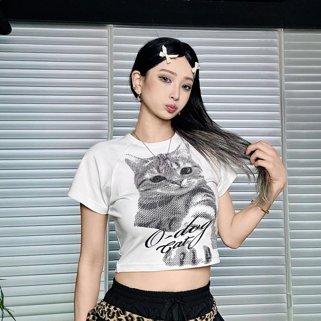 O-DOG 猫咪露腰短袖 酷潮街头美式印花休闲嘻哈透气街舞odog