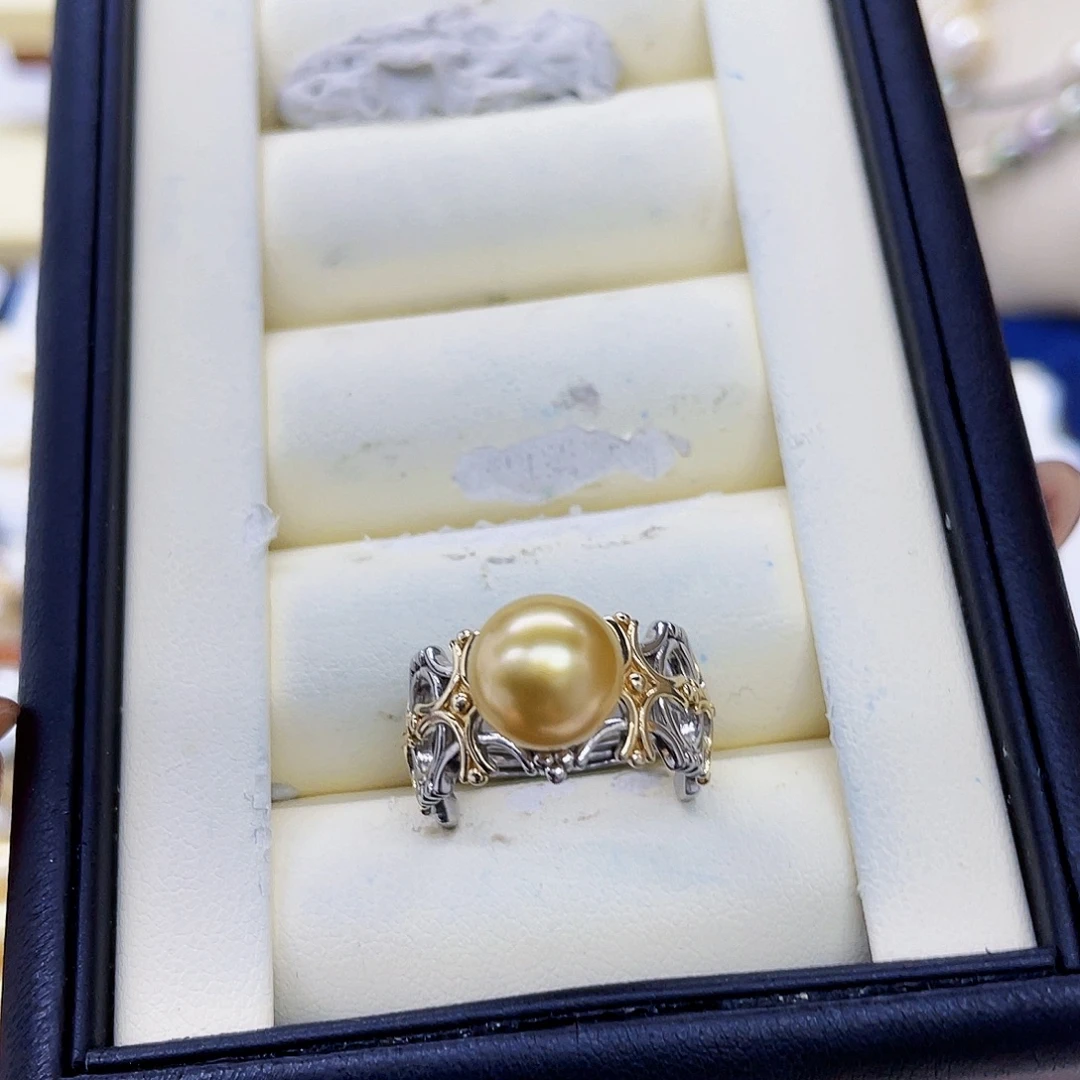 银S925镶嵌戒圈海水珍珠金珠正圆戒指