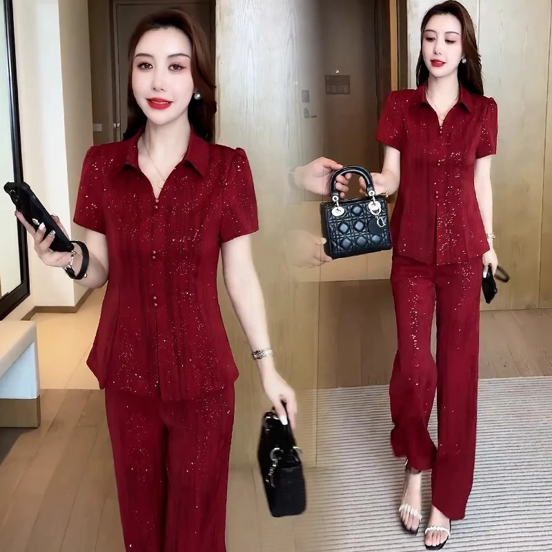时尚套装女2025夏季新款洋气显瘦减龄亮片短袖上衣阔腿裤两件套潮