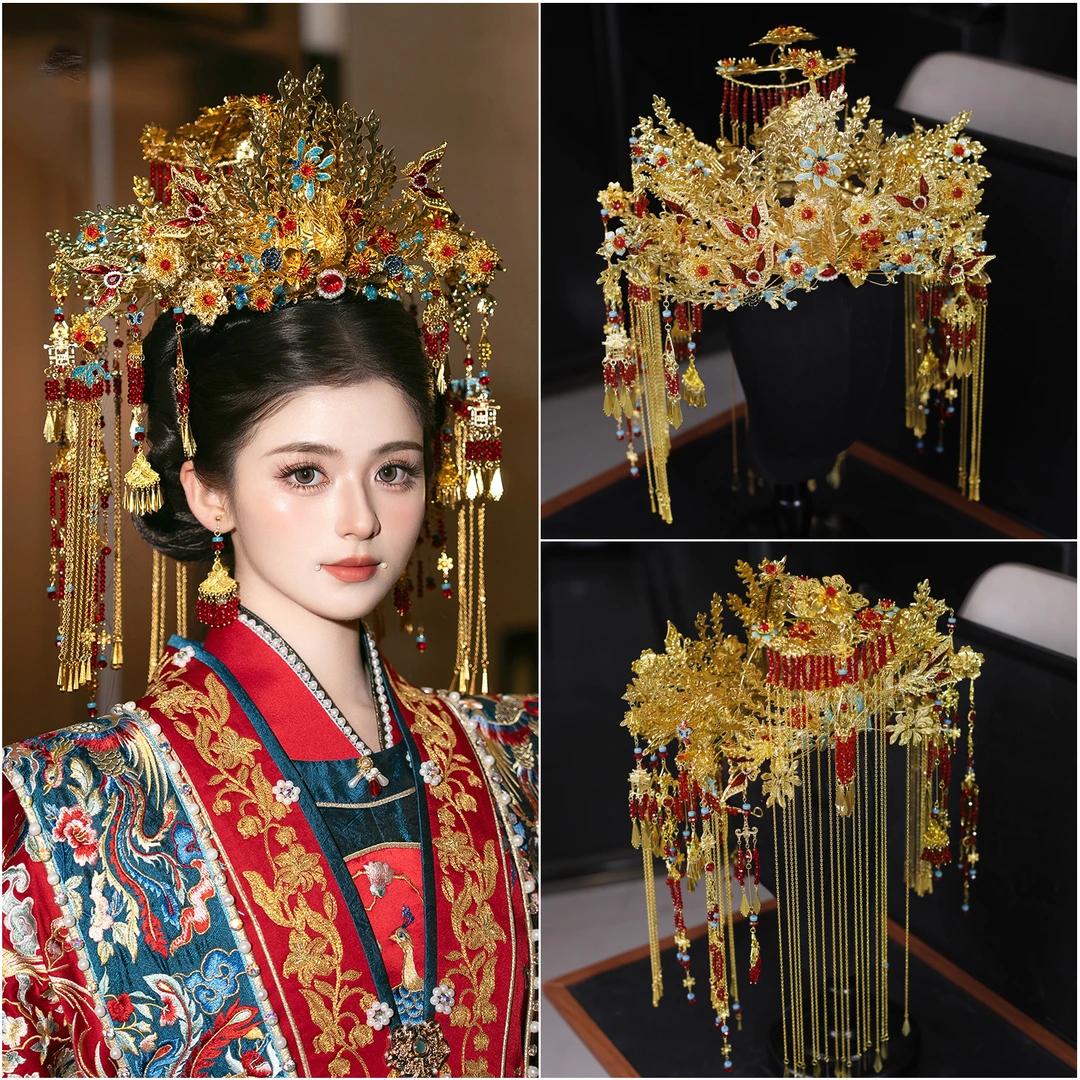新款中式新娘头饰秀禾凤冠大气明制结婚圆冠婚礼古装发饰汉服
