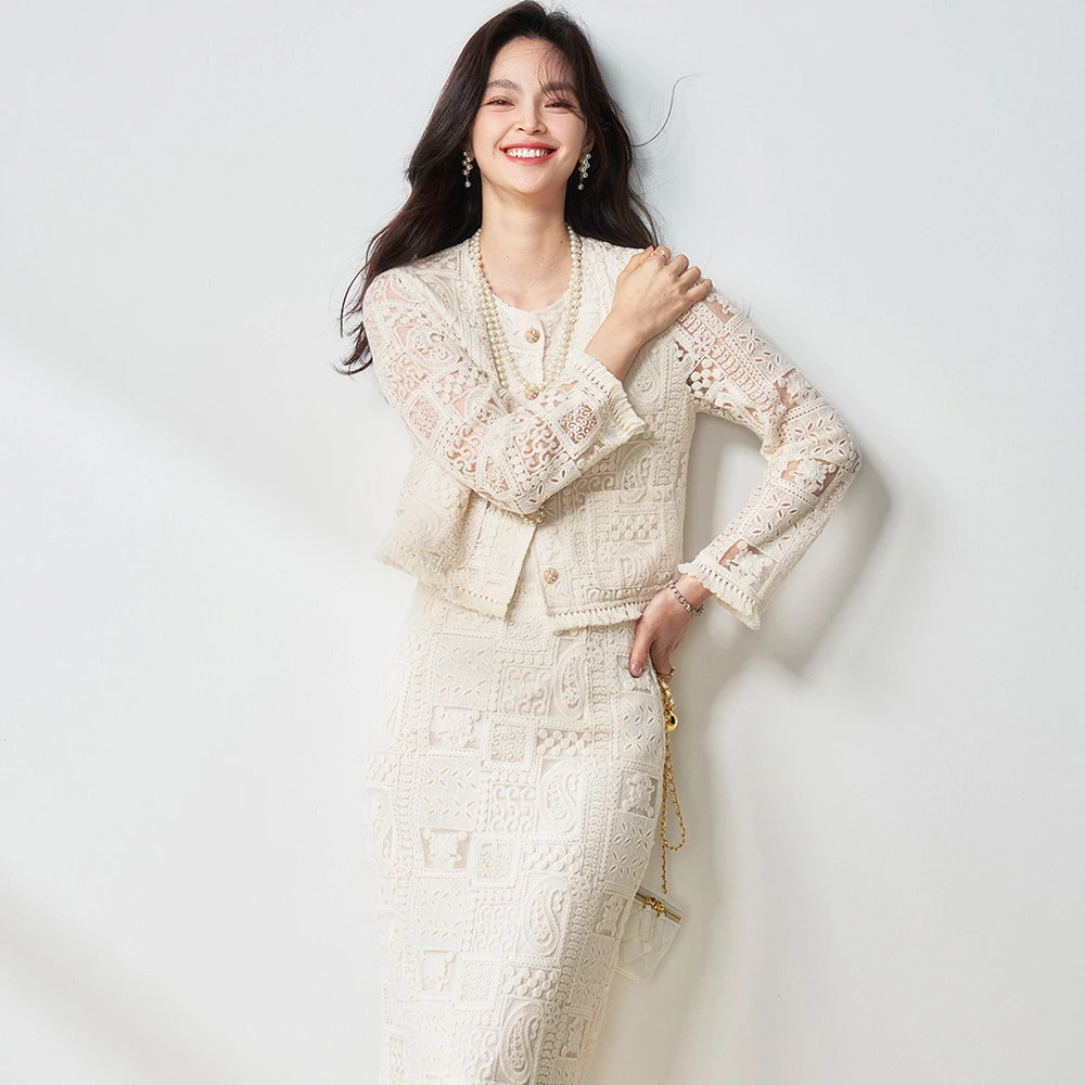 25春夏怦然心动度假风奢级镂空米色流苏半身裙套装女18404