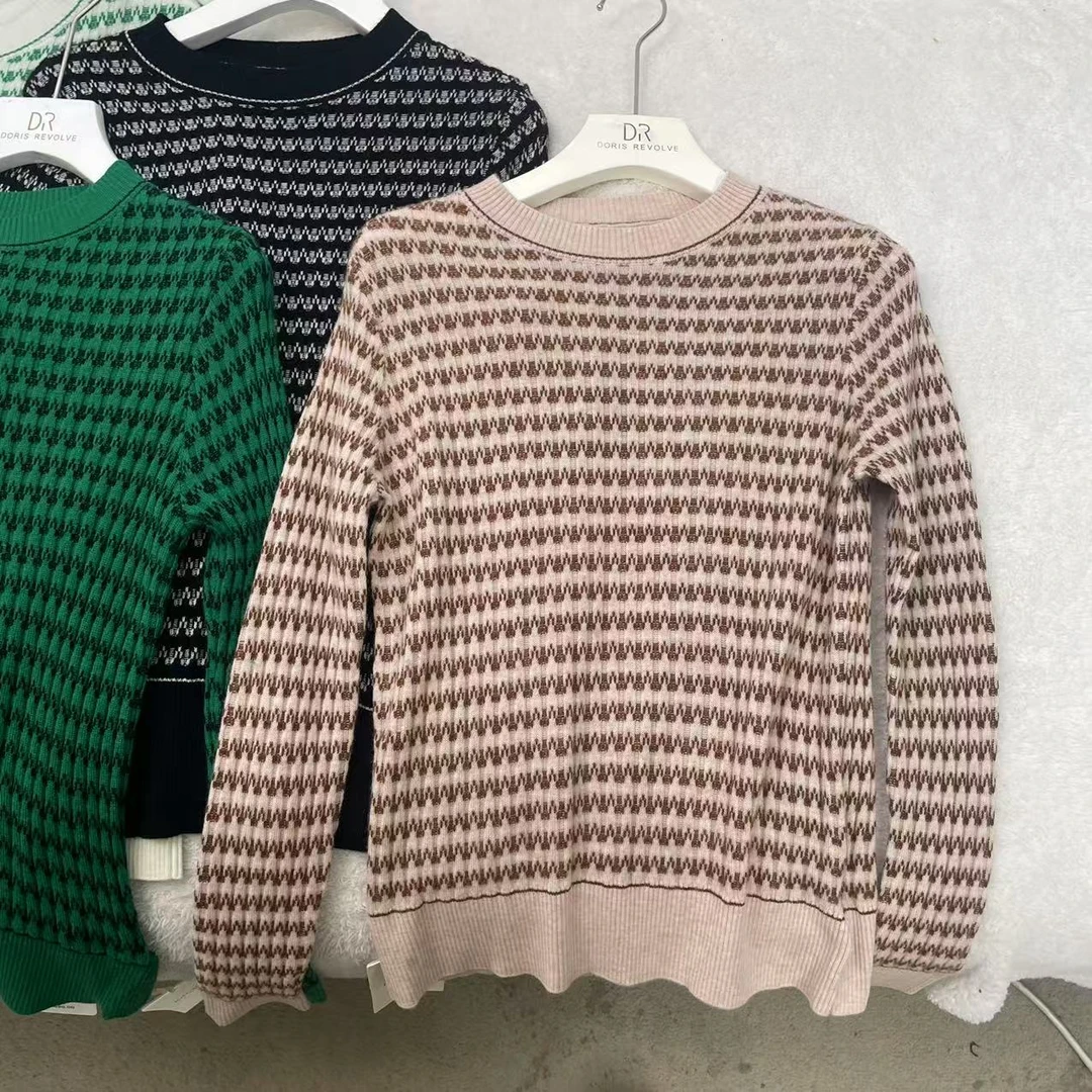 时尚百搭高级感条纹撞色圆领针织衫H2696