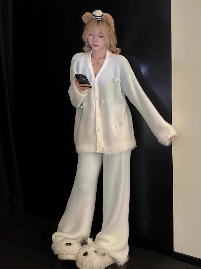 睡衣女款2025秋冬新款韩系半边绒蝴蝶结渐变保暖长袖家居服两件套