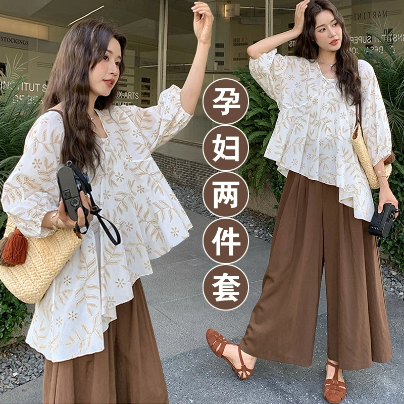 孕妇装夏装2025新款不规则设计感碎花衬衫阔腿裤独特漂亮绝美套装