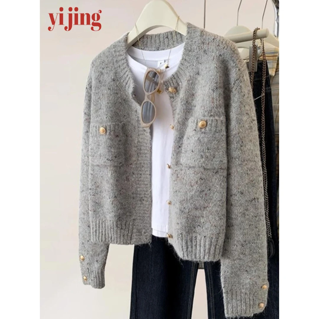 花呢风格点点女式右肩毛衣夹克2025初秋新款胖mm高端可及豪华针织