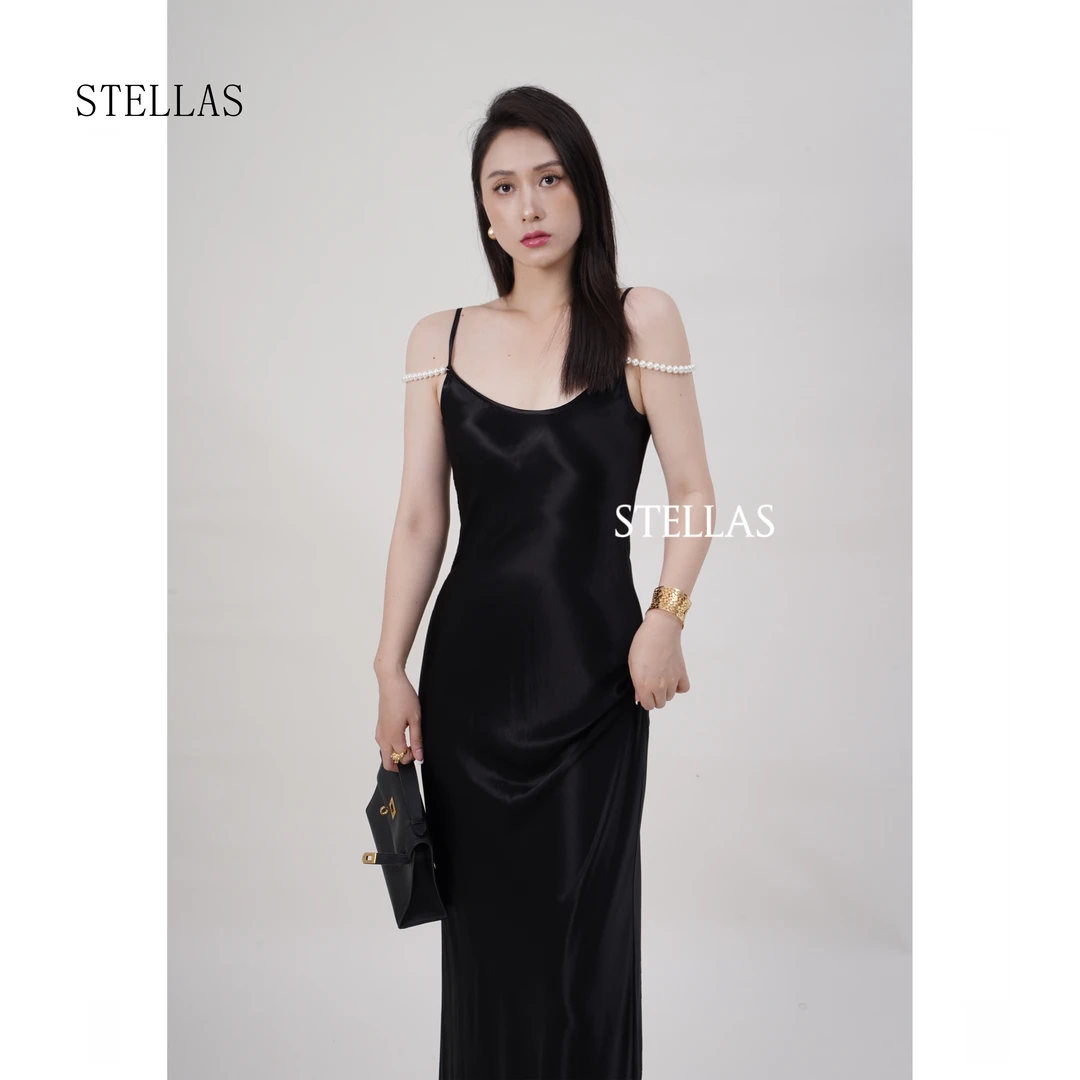 STELLAS 复古高级天然贝珠缎面垂感吊带裙