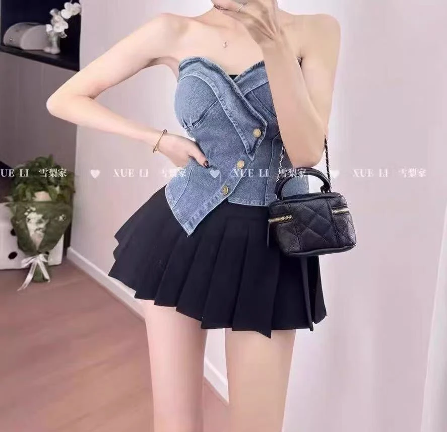 2025夏季纯欲辣妹风复古牛仔不规则抹胸背心