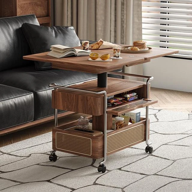 中古风小推车客厅可移动折叠带轮可移动小推桌焦糖色升降茶几边几