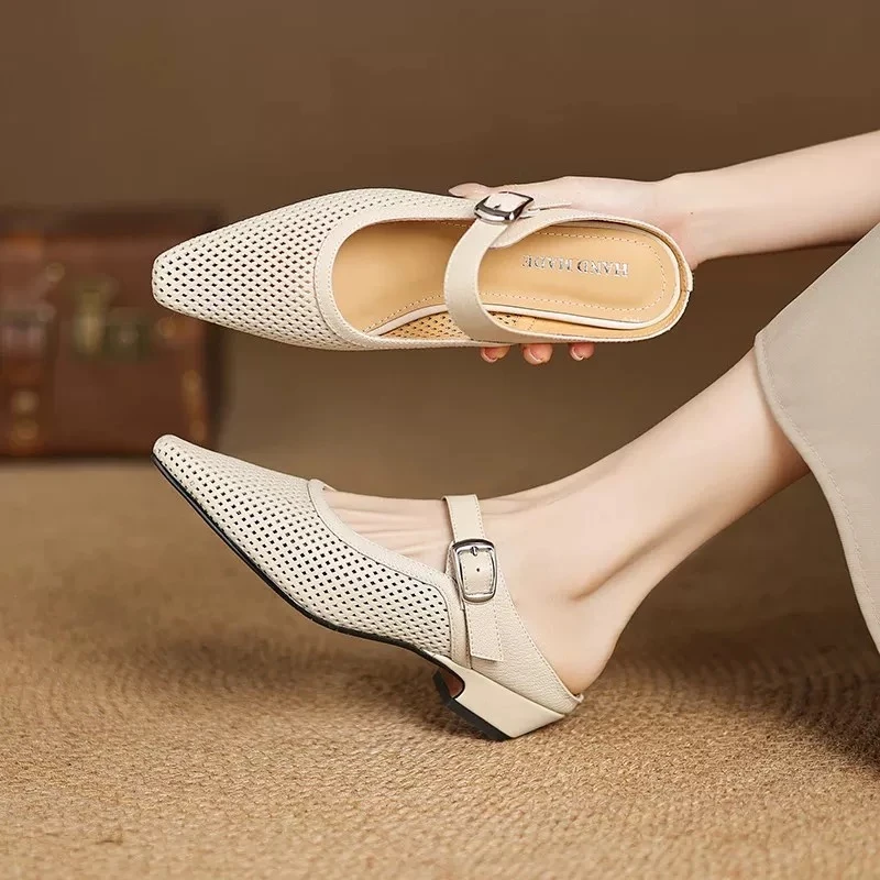 真皮牛皮夏季新款浅口镂空方头防滑低跟粗跟气质软底7007