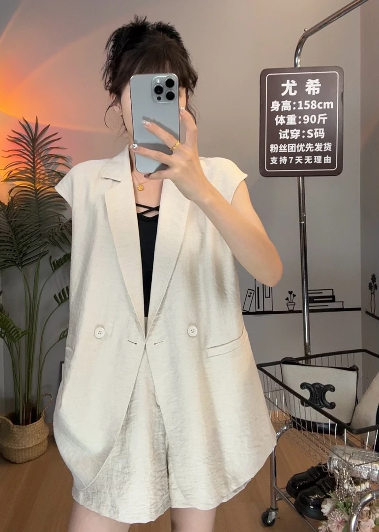 【尤希】定制风夏款无袖气质百搭亚麻西装两件套休闲女神范