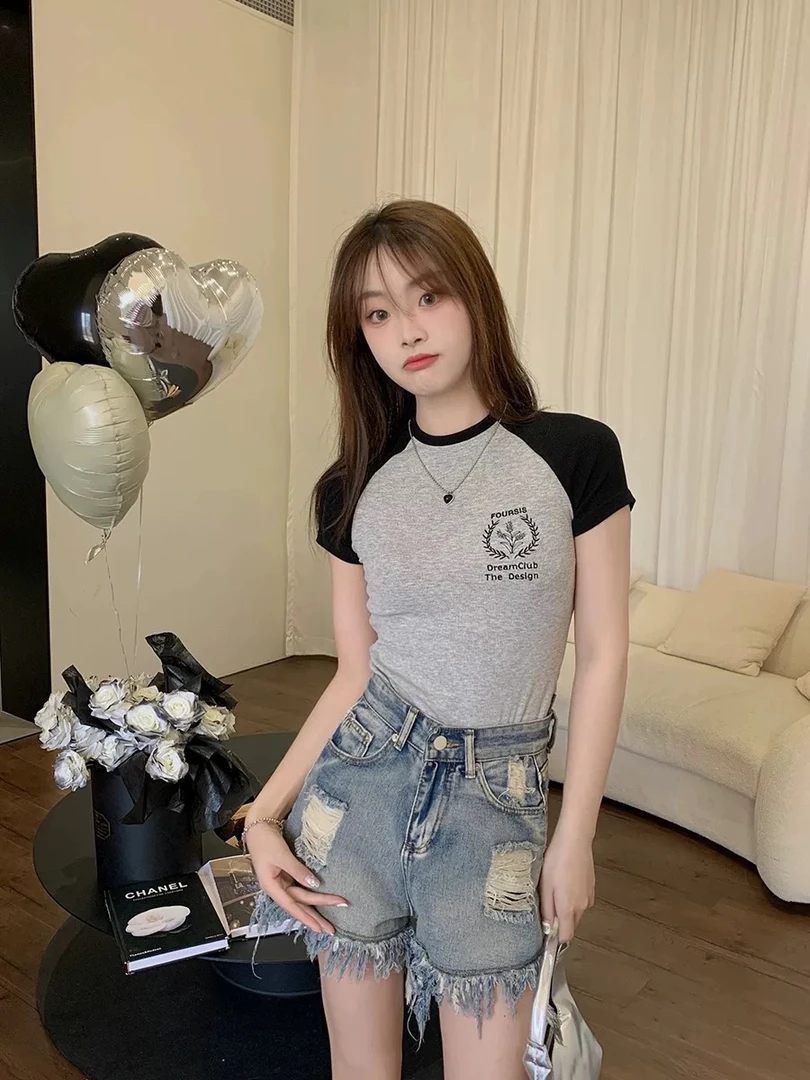 FOURSIS 国潮拼色基础黑灰弹力刺绣logo麦穗美式紧身短袖打底T恤