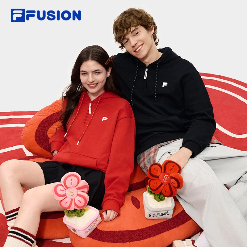 FILA FUSION斐乐潮牌情侣连帽卫衣女2026春季新款新年红色上衣男