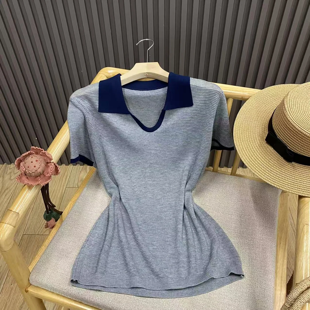 翻领撞色短袖套头天丝POLO衫简约休闲百搭针织T恤女Z5529