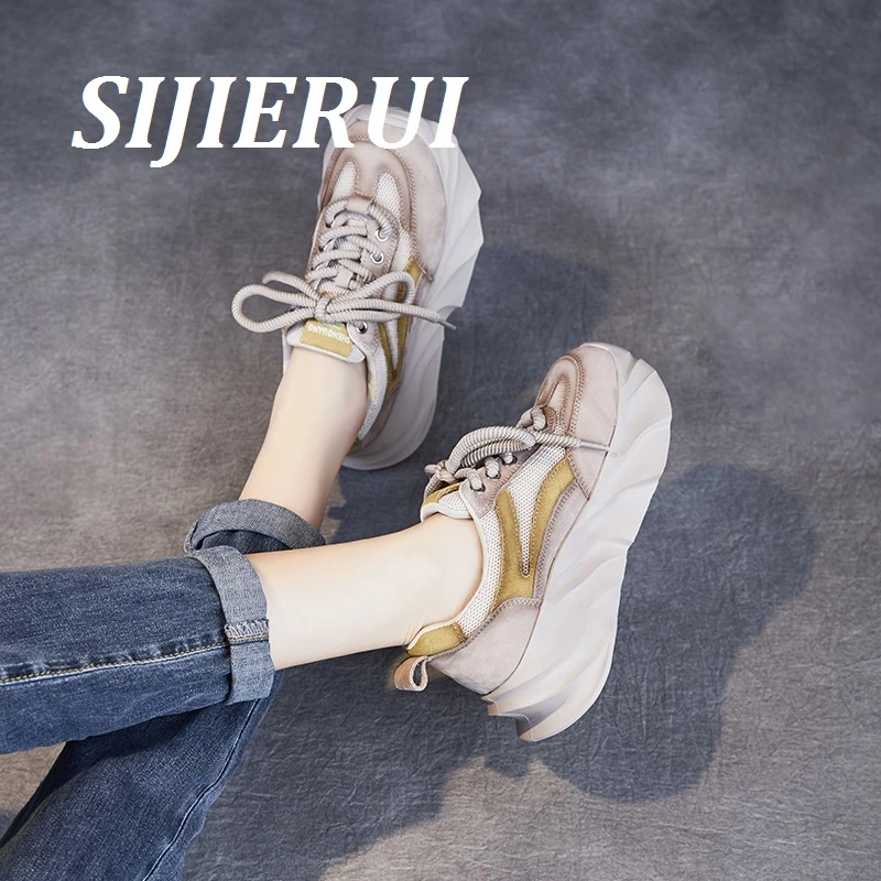 SIJIERUI厚底老爹鞋女2025年春夏新款真皮百搭复古拼色运动休闲鞋