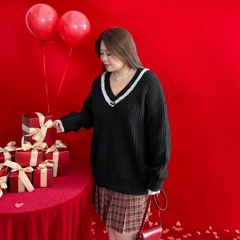 A1255-2大码女装【宝藏温暖毛衣】蝴蝶结蕾丝V领宽松显瘦长袖针织衫