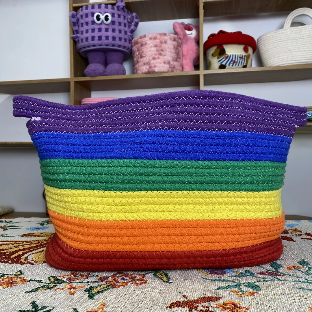 彩虹棉绳收纳篮脏衣篓棉绳带把手储物筐玩具衣物收纳手工编织卧室