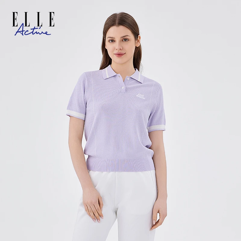 ELLE Active夏季短袖翻领针织衫女款紫色气质肌理感POLO领上衣T恤