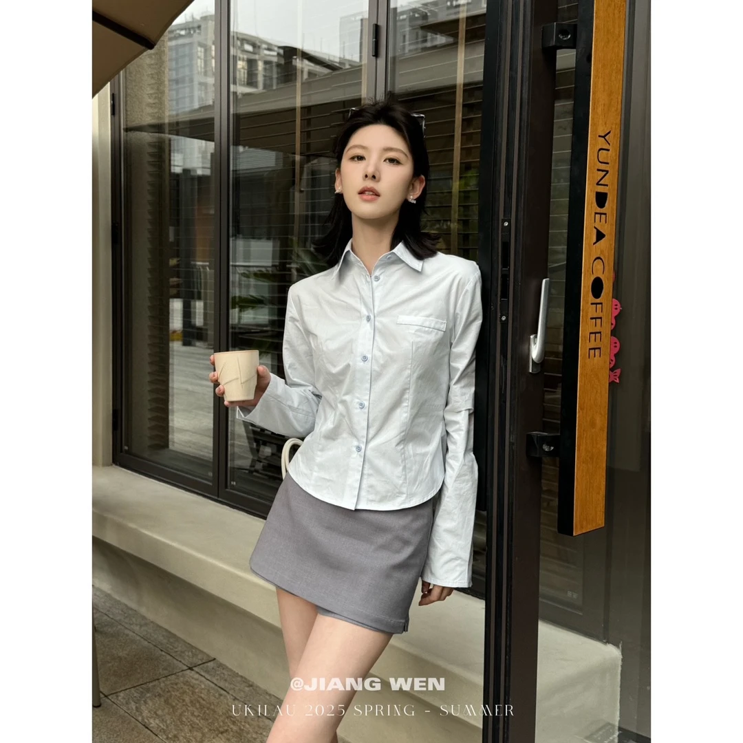 UKILAU【圣马丁衬衫】显瘦收腰设计感韩版百搭纯色衬衫
