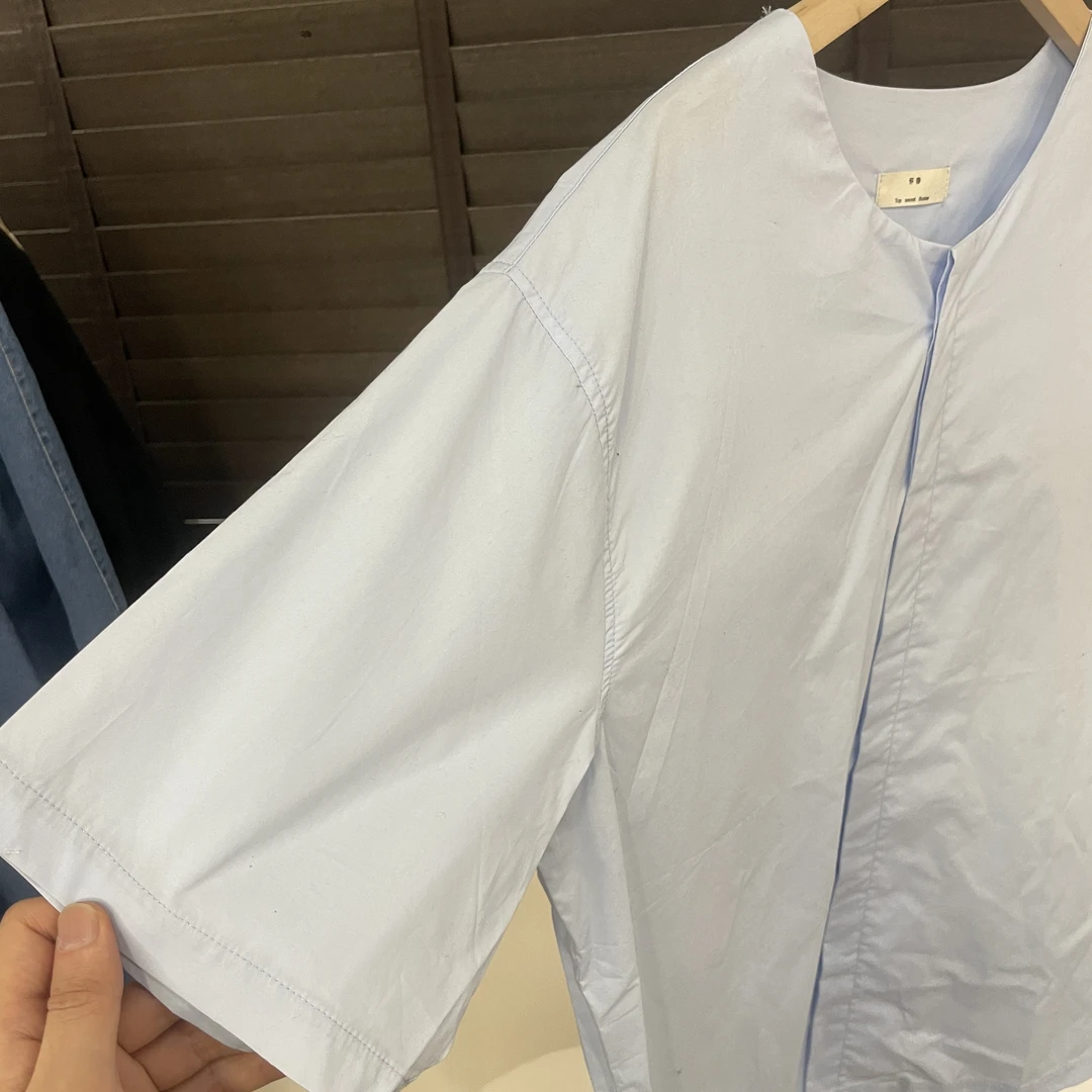 UpSd-重磅炸【浅兰色圆领短袖衬衫】短袖蓝衬衫休闲百搭宽松外套