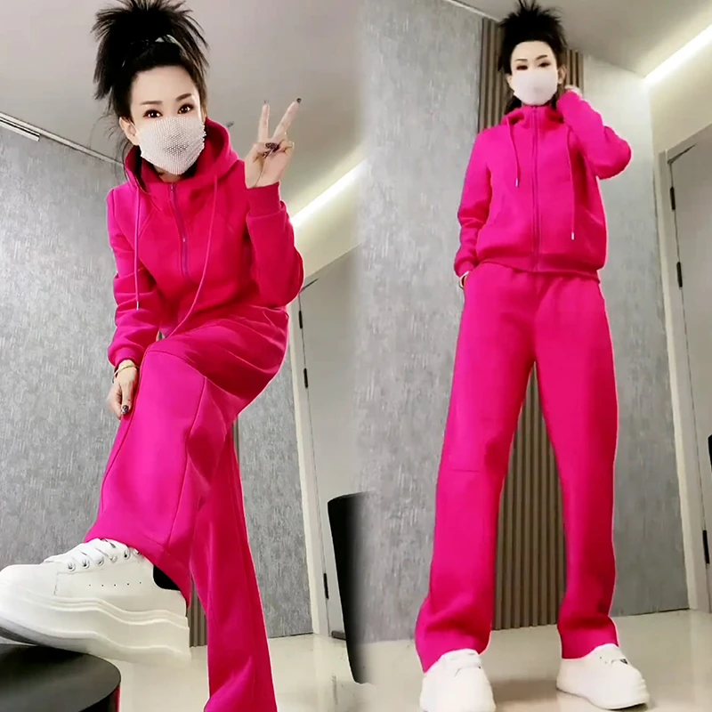 时尚运动服套装女2025春秋新款宽松百搭连帽短外套阔腿裤两件套