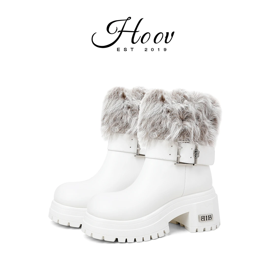 HOOV A/W小众原创胎牛皮羊毛短靴女加绒加厚马丁靴厚底保暖雪地靴