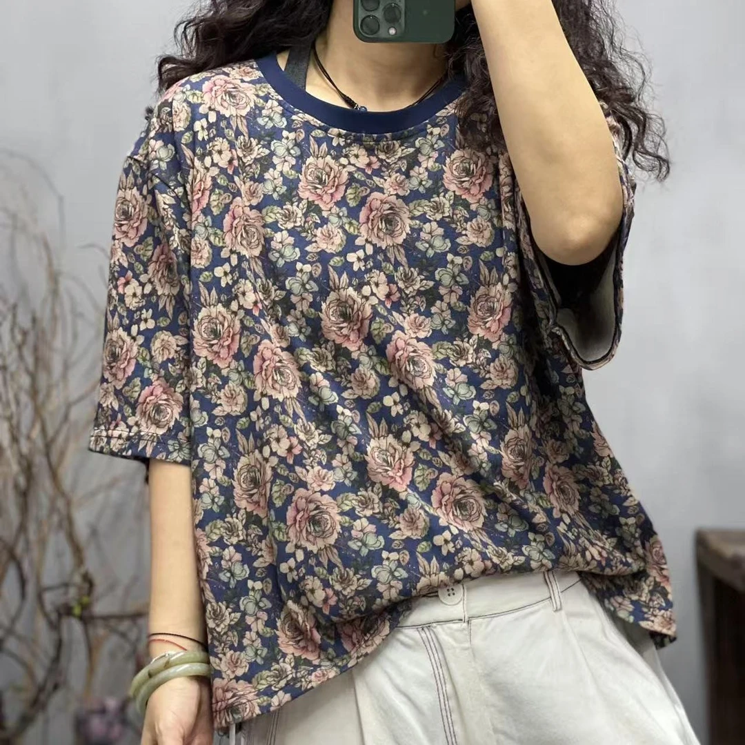 36 8658 夏季新品休闲百搭花色文艺短袖女士上衣T恤 胸围128长58