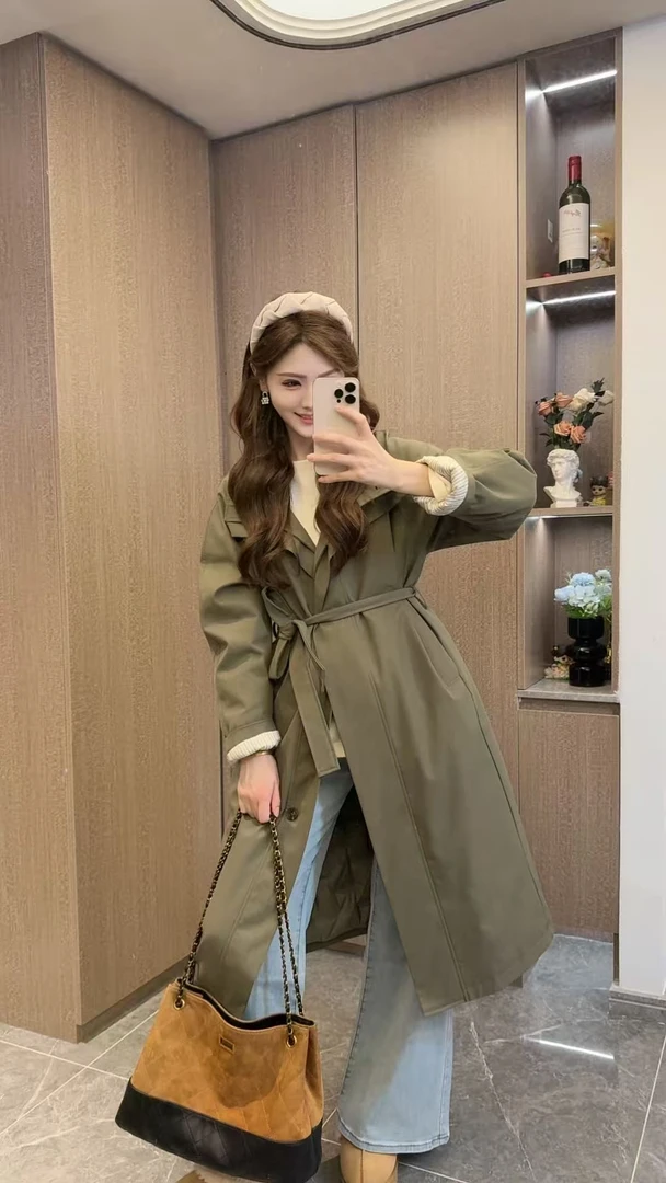 【90白鸭绒】YR28冬季中长款常规款港风女羽绒风衣厚款设计感