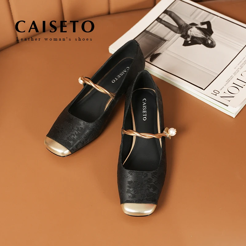 CAISETO牛皮2/4/6CM玛丽珍国风小方头粗跟时尚矮跟中高跟女鞋d352