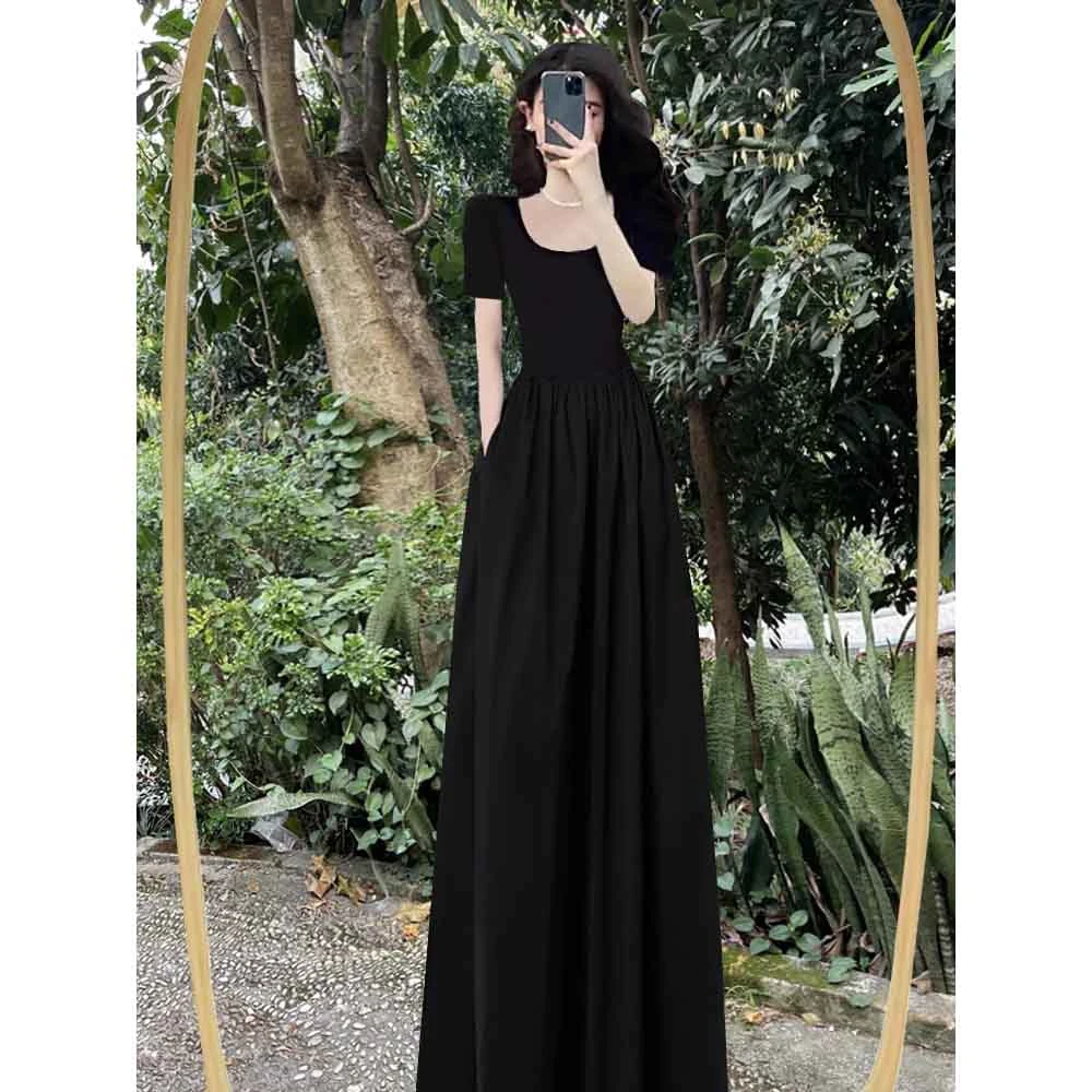 赫本黑色短袖连衣裙女夏款方领气质a字拼接长款大摆裙高级感长裙