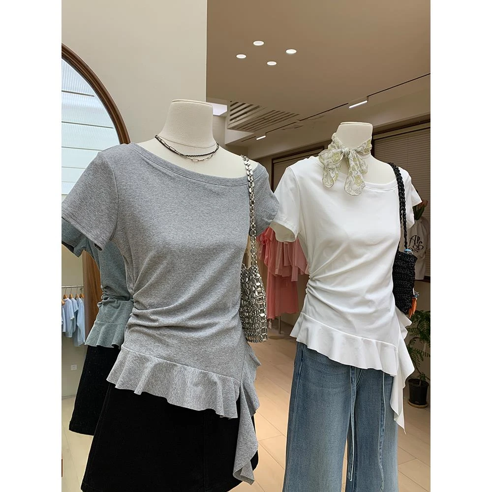 天鹅颈小露肩斜领短袖T恤女士不规则荷叶下摆收腰显瘦辣