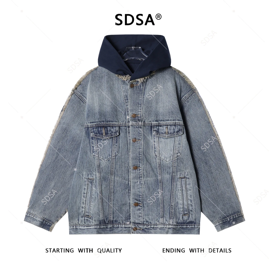 SDSA男士秋冬新款痞帅男装潮牌牛仔拼接连帽夹克外套百搭宽松时尚