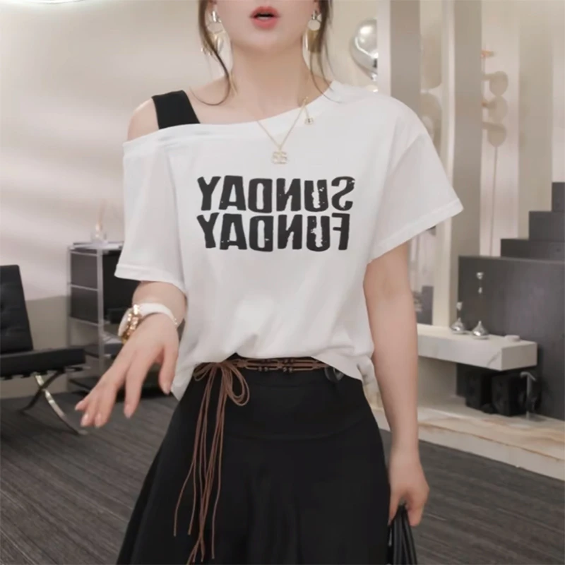 美式慵懒白色斜肩短袖T恤女2025夏季新款设计感小众超好看短上衣