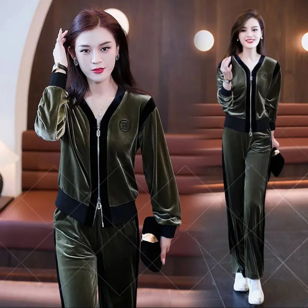 金丝绒套装女春秋2025新款时尚宽松洋气显瘦休闲跑步运动服两件套