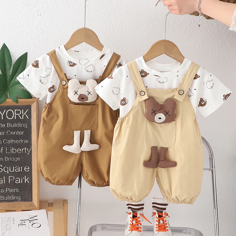 男宝宝夏装背带裤套装洋气小童婴幼儿童装男童夏季薄款短袖两件套