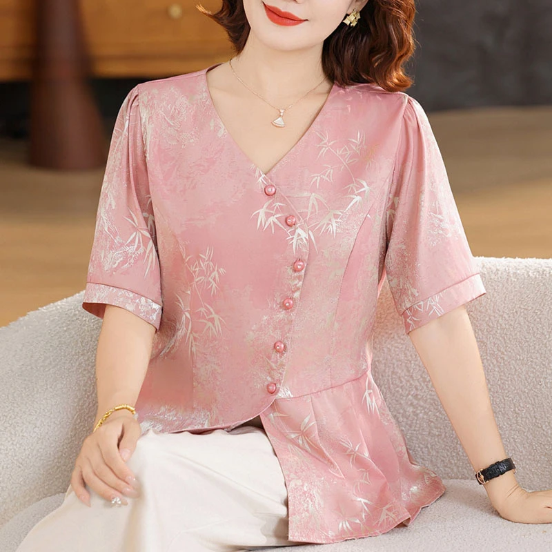 洋气气质妈妈装雪纺小衫国风夏装套装2025新款中老年高档短袖上衣