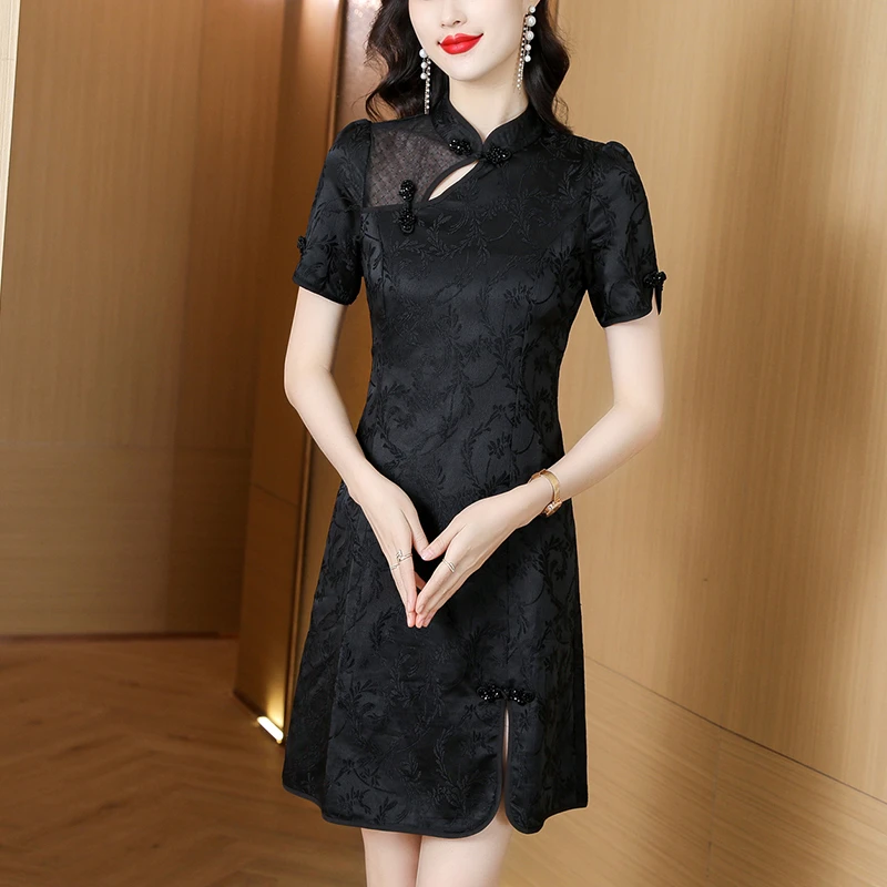 复古风盘扣蕾丝改良旗袍中式连衣裙2025夏季新款气质旗袍裙女