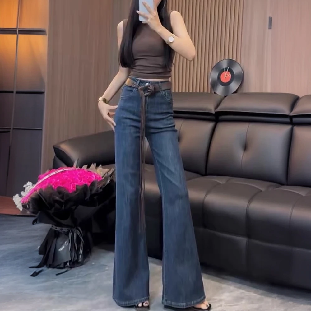 港风复古微喇牛仔裤女秋季新款大码胖mm高腰修身显瘦百搭喇叭裤子