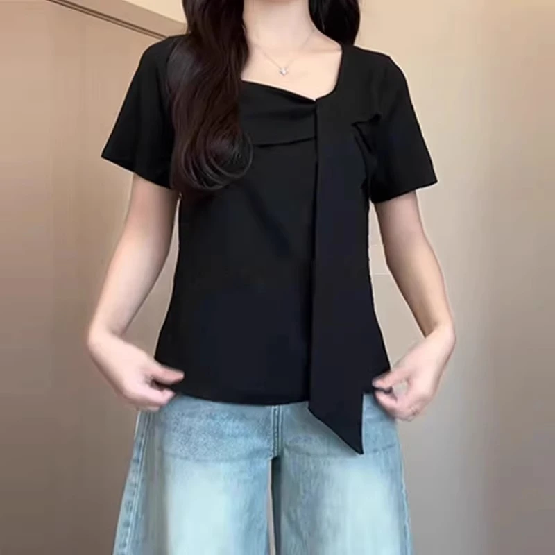 大码方领正肩短袖T恤女2025夏季新款胖mm不规则宽松显瘦上衣-5997